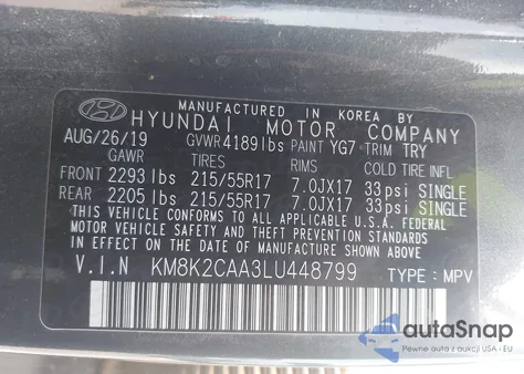 2020 Hyundai Kona Sel z USA, uszkodzony, nr VIN KM8K2CAA3LU448799